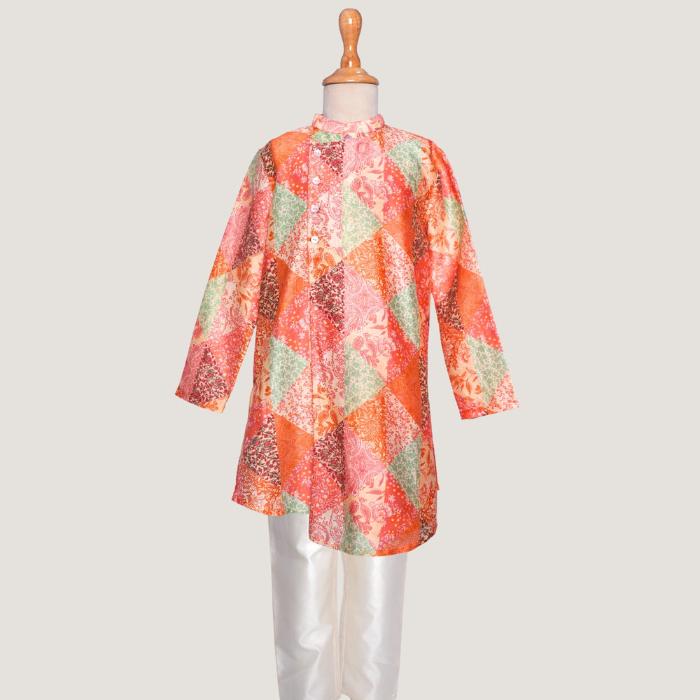 The kurta showcases an asymmetrical front with all-over tie-up detailing, giving it a unique, festive edge rooted in tradition.