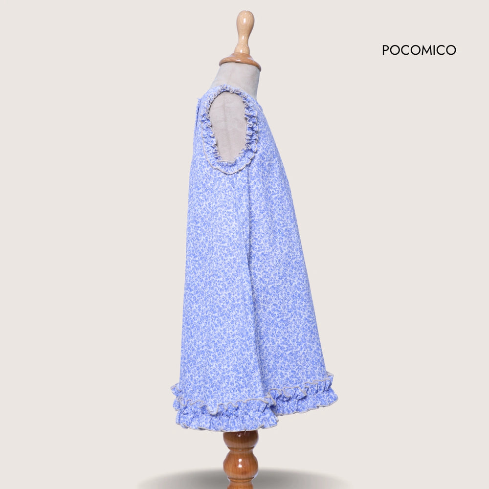blue +  dress + sleeveless + girl + cotton + pocomico + floral + english + beige + frill + ruffle + party + picnic + simple + casual + fun + kids + soft