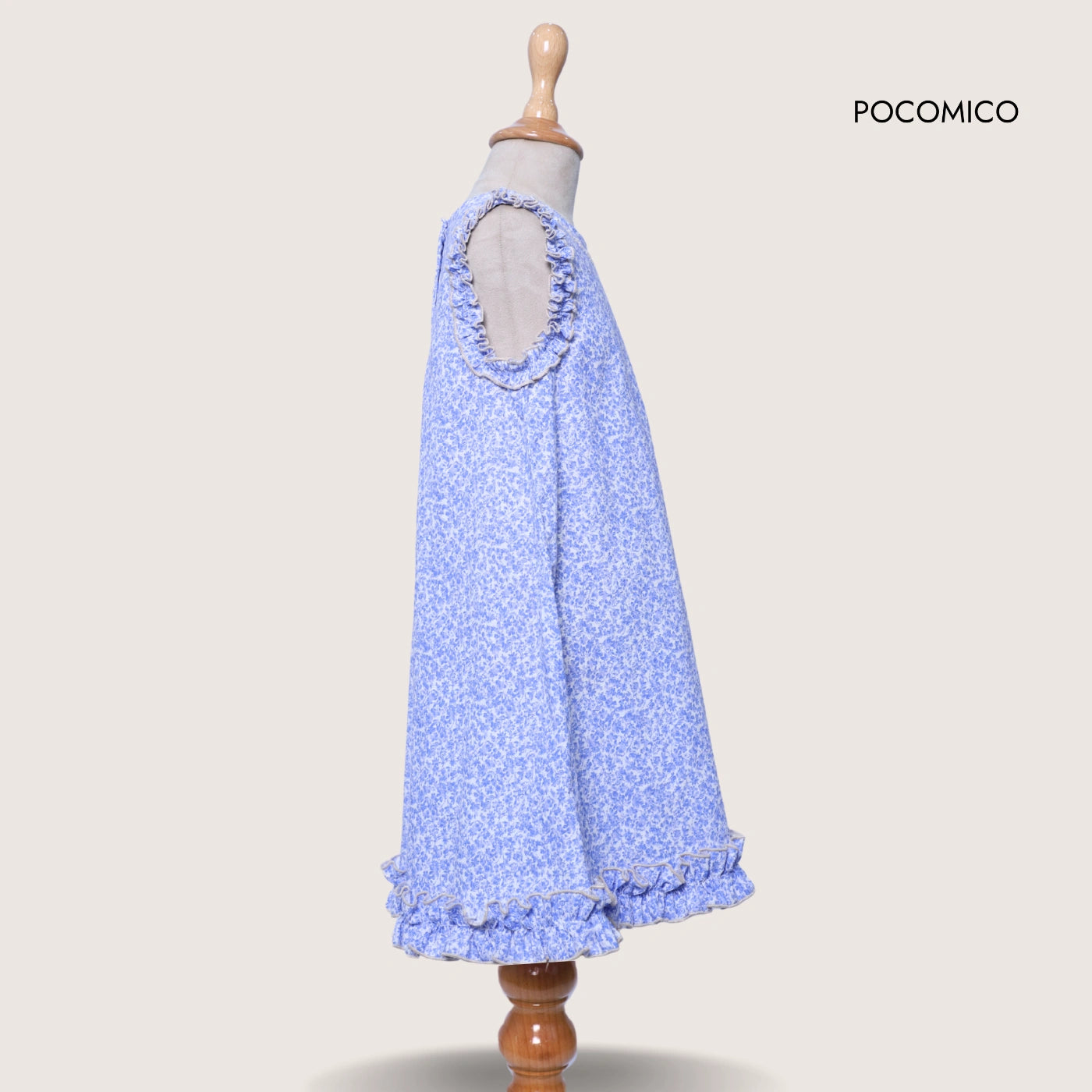 blue +  dress + sleeveless + girl + cotton + pocomico + floral + english + beige + frill + ruffle + party + picnic + simple + casual + fun + kids + soft