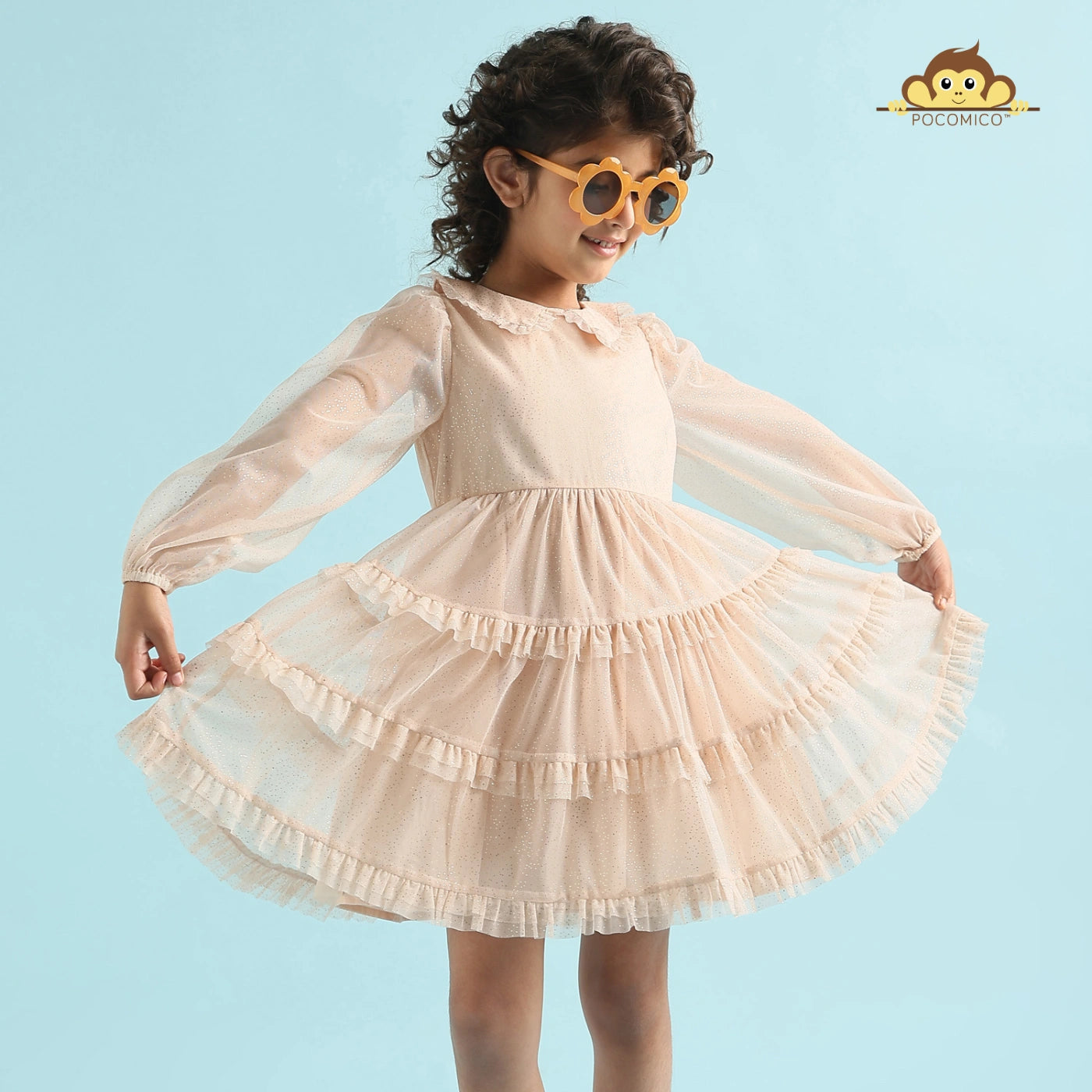 Whimsical Frill Mesh Dress by POCOMICO + delicate frill details + dotted mesh overlay + fully lined with BCI cotton + girls dress + soft and dreamy + perfect for spring picnics + festive occasions + magical fun + fairy tale inspired