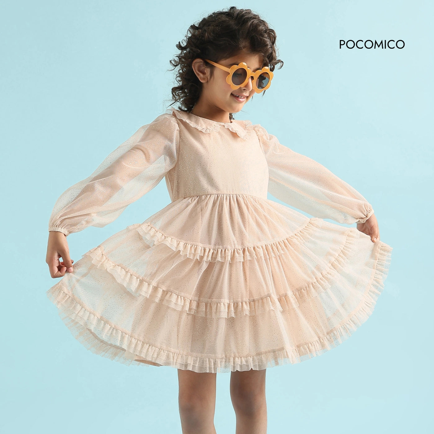 Whimsical Frill Mesh Dress by POCOMICO + delicate frill details + dotted mesh overlay + fully lined with BCI cotton + girls dress + soft and dreamy + perfect for spring picnics + festive occasions + magical fun + fairy tale inspired