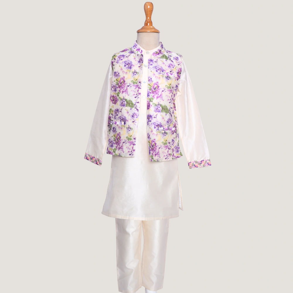 Elegant and festive, ivory chanderi kurta set for boys features delicate digital prints paired with matching embroidery on the sleeves