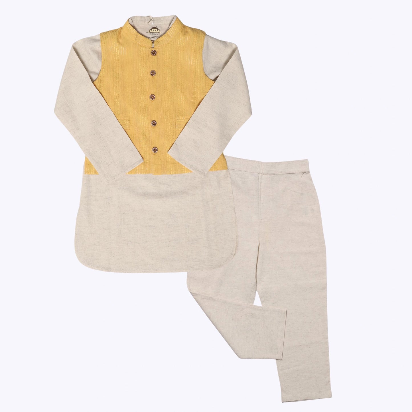 Comfortable-cotton-Kurta-set-with-a-neutral-tone-and-elegant-yellow-jacket, perfect-for-boys-on-any-occasion.