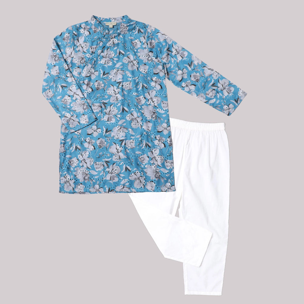 Boys-Morning-Glory-Kurta-Set-in-blue-chanderi-fabric-with-floral-prints-and-beadwork, paired-with-soft-cotton-pyjamas-for-comfort.