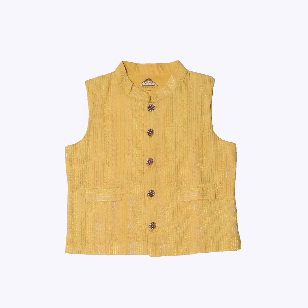 
                      
                        Comfortable-cotton-Kurta-set-with-a-neutral-tone-and-elegant-yellow-jacket, perfect-for-boys-on-any-occasion.
                      
                    