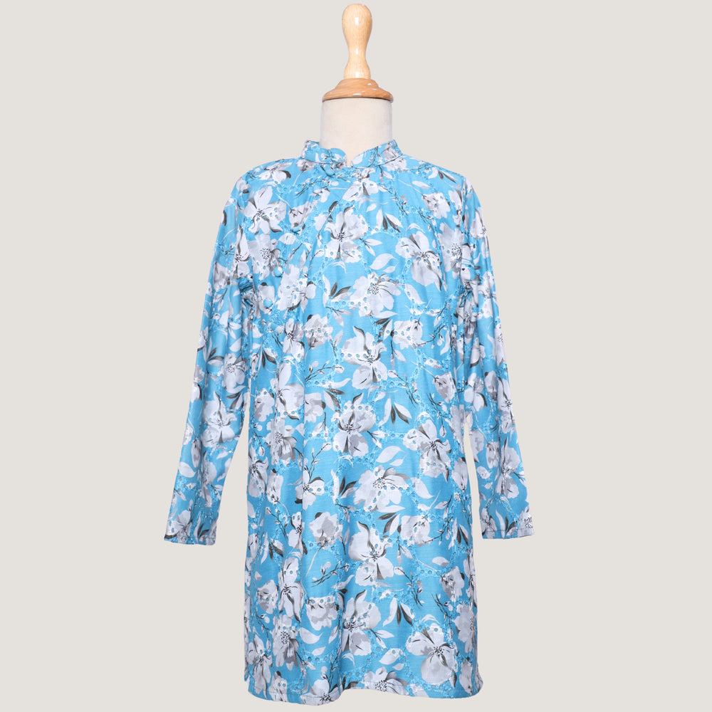 
                  
                    Boys-Morning-Glory-Kurta-Set-in-blue-chanderi-fabric-with-floral-prints-and-beadwork, paired-with-soft-cotton-pyjamas-for-comfort.
                  
                