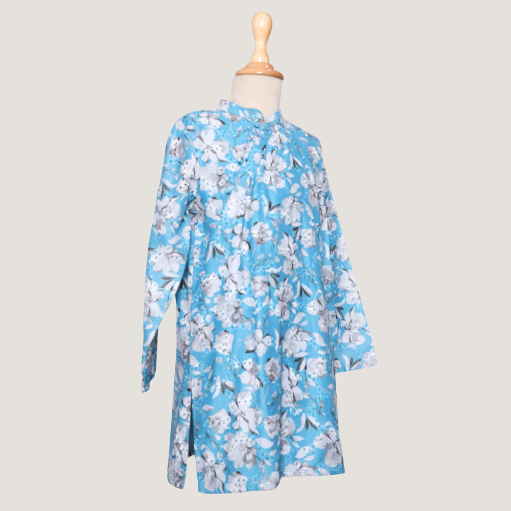 
                  
                    Boys-Morning-Glory-Kurta-Set-in-blue-chanderi-fabric-with-floral-prints-and-beadwork, paired-with-soft-cotton-pyjamas-for-comfort.
                  
                