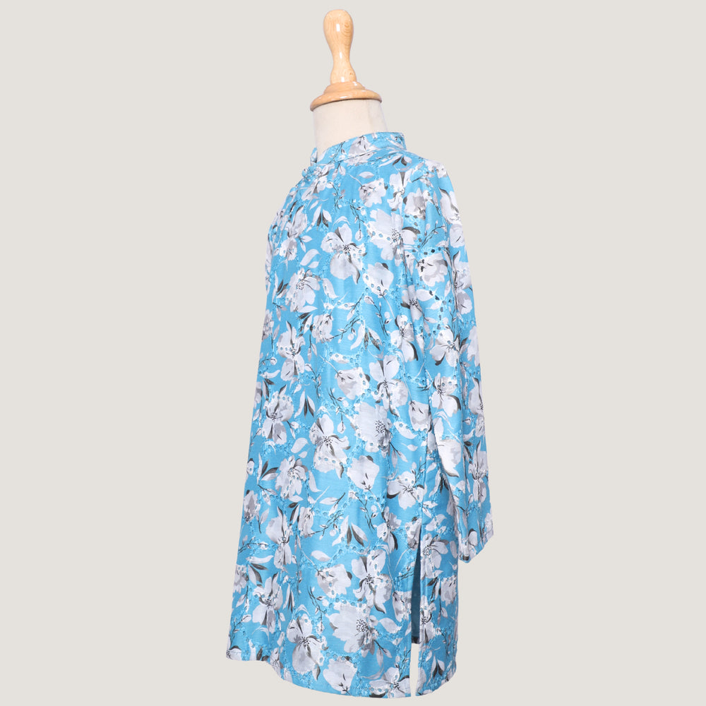 
                  
                    Boys-Morning-Glory-Kurta-Set-in-blue-chanderi-fabric-with-floral-prints-and-beadwork, paired-with-soft-cotton-pyjamas-for-comfort.
                  
                