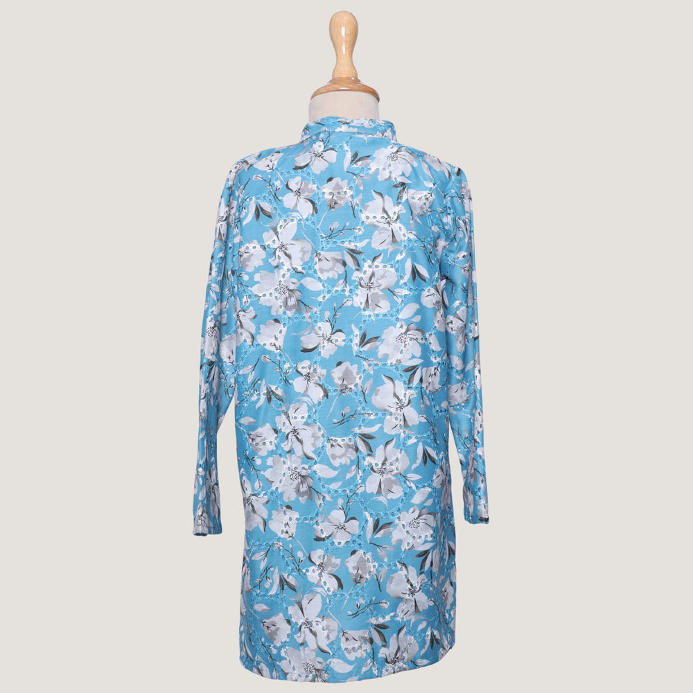 
                  
                    Boys-Morning-Glory-Kurta-Set-in-blue-chanderi-fabric-with-floral-prints-and-beadwork, paired-with-soft-cotton-pyjamas-for-comfort.
                  
                
