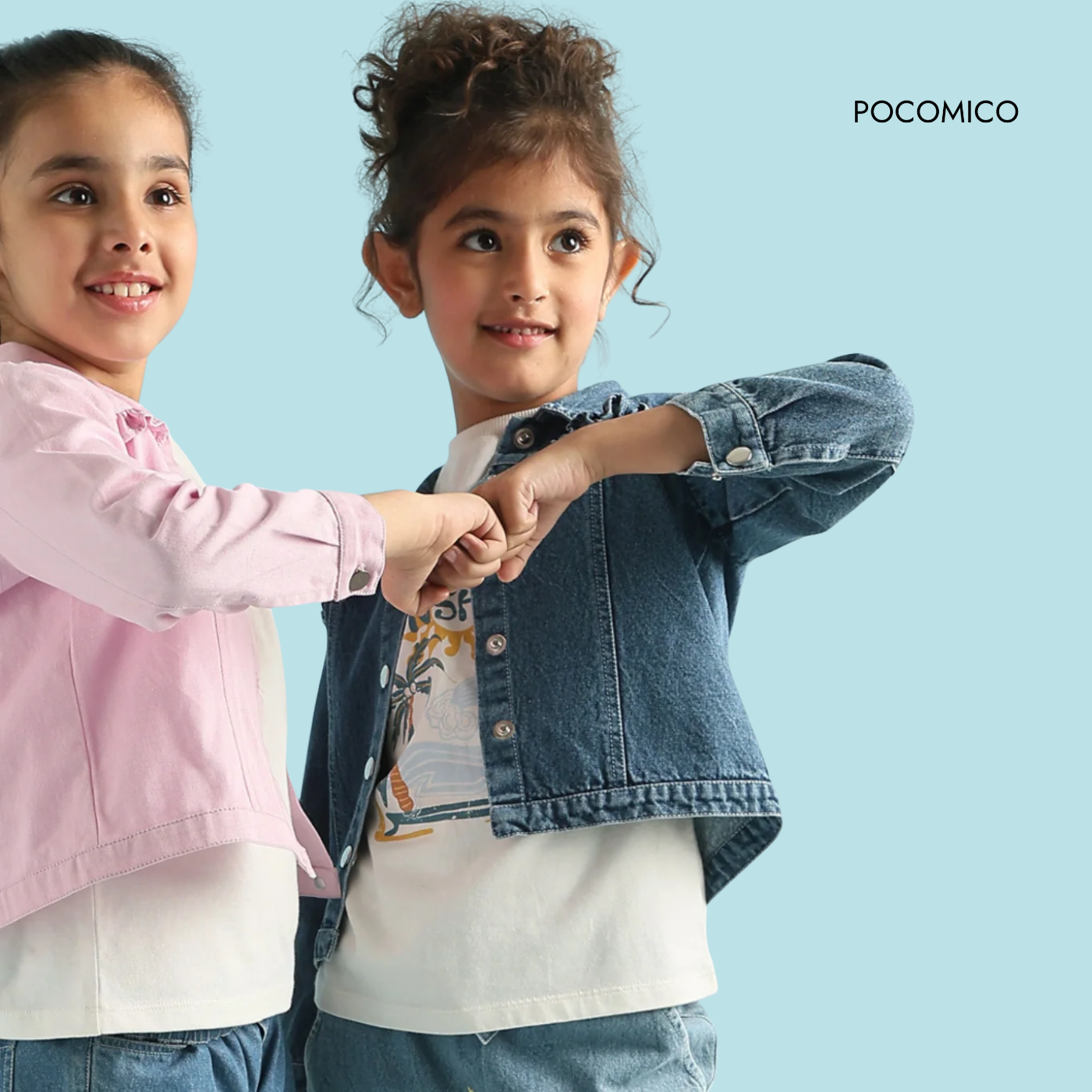 Starry denim jacket + Girls fashion staple + Celestial-inspired outerwear + Pocomico kids' jacket + Blue cotton denim + Versatile layering piece + Star-studded girls' coat + Comfortable everyday jacket + Stylish children's outerwear + Trendy kids' fashion