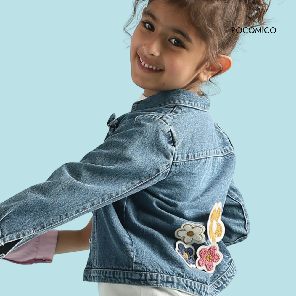 Starry denim jacket + Girls fashion staple + Celestial-inspired outerwear + Pocomico kids' jacket + Blue cotton denim + Versatile layering piece + Star-studded girls' coat + Comfortable everyday jacket + Stylish children's outerwear + Trendy kids' fashion