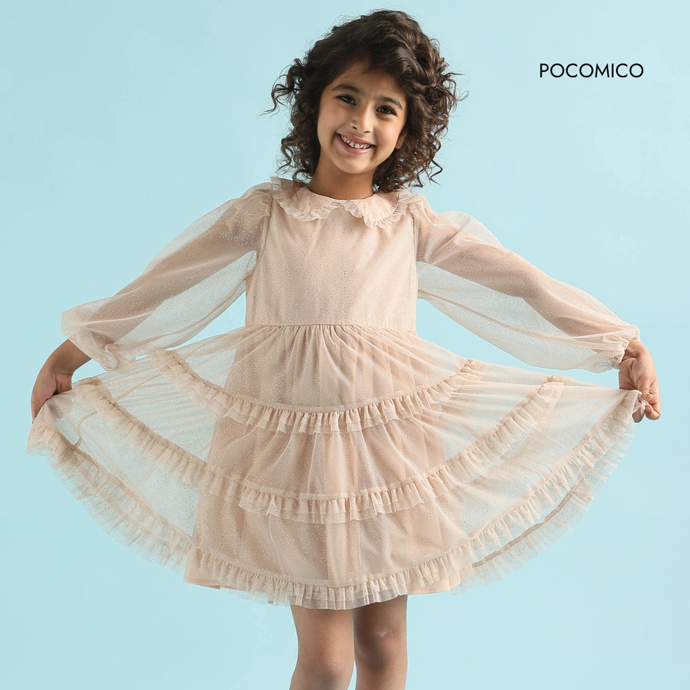 Whimsical Frill Mesh Dress by POCOMICO + delicate frill details + dotted mesh overlay + fully lined with BCI cotton + girls dress + soft and dreamy + perfect for spring picnics + festive occasions + magical fun + fairy tale inspired
