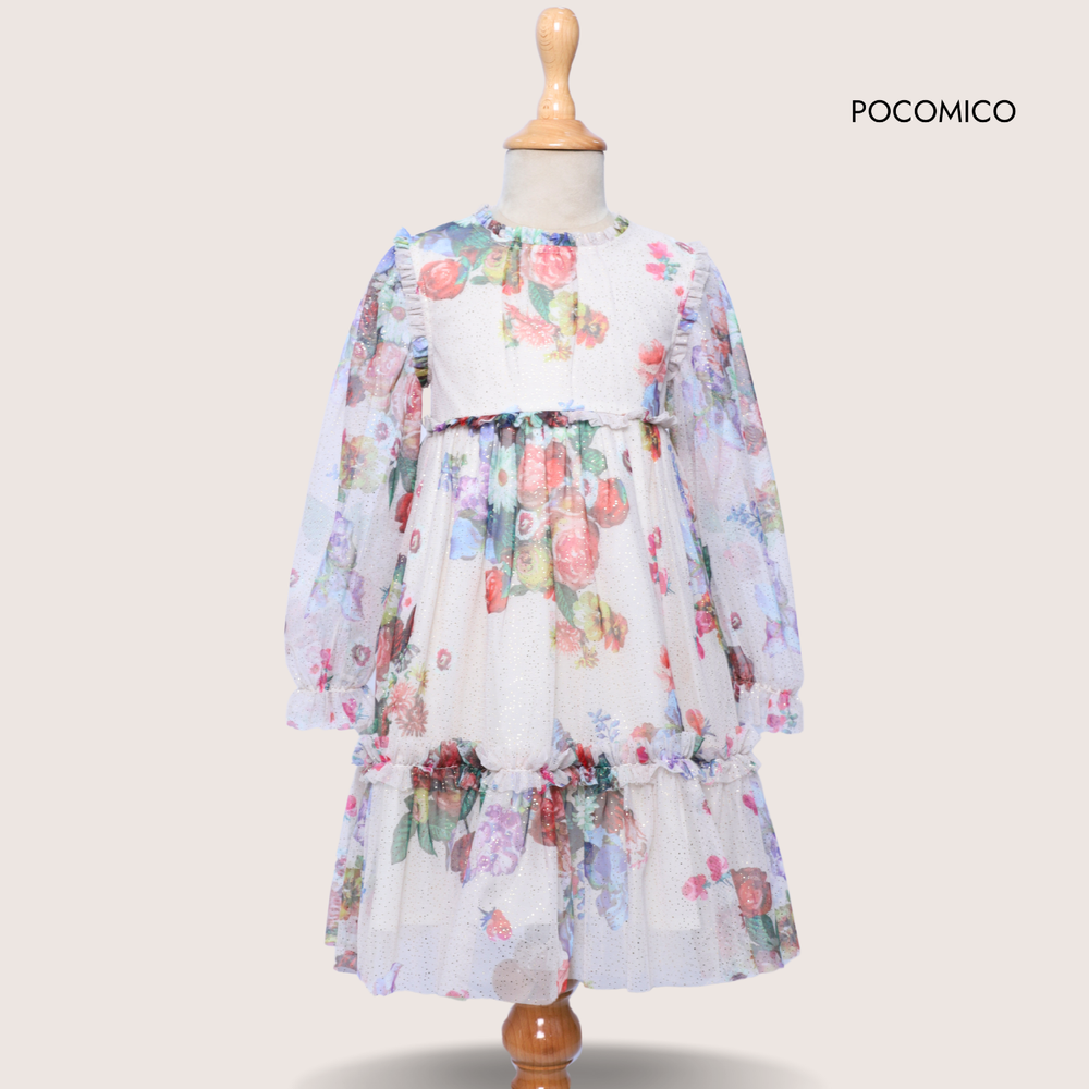 Celestial Glow Dress by POCOMICO + shimmering foil dots + airy mesh + cambric lining + girls party dress + comfortable + BCI-certified fabric + magical celebration outfit + perfect for little dreamers