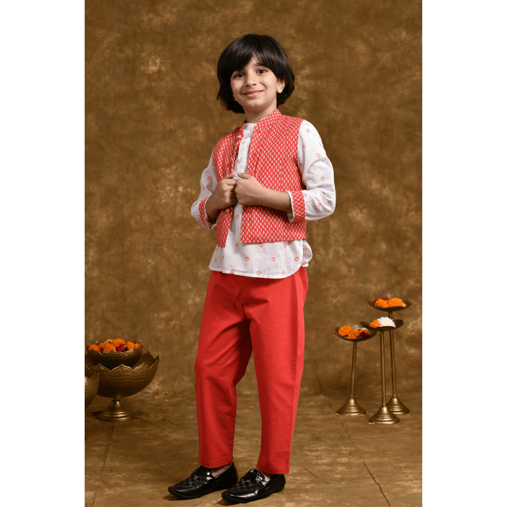 Crimson Carnival Cotton Kurta & Trouser Set With Jacket