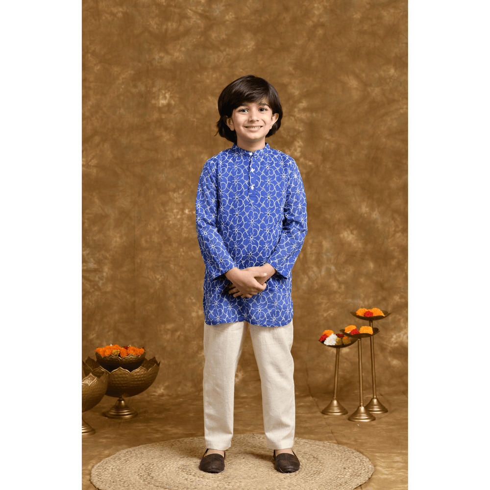 PocoMico Navy Nirvana Festive Schiffli Cotton Kurta & Trouser set