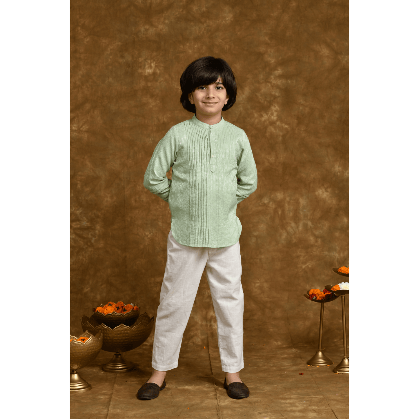 PocoMico Sea Green Jacquard Kurta & Trouser Set