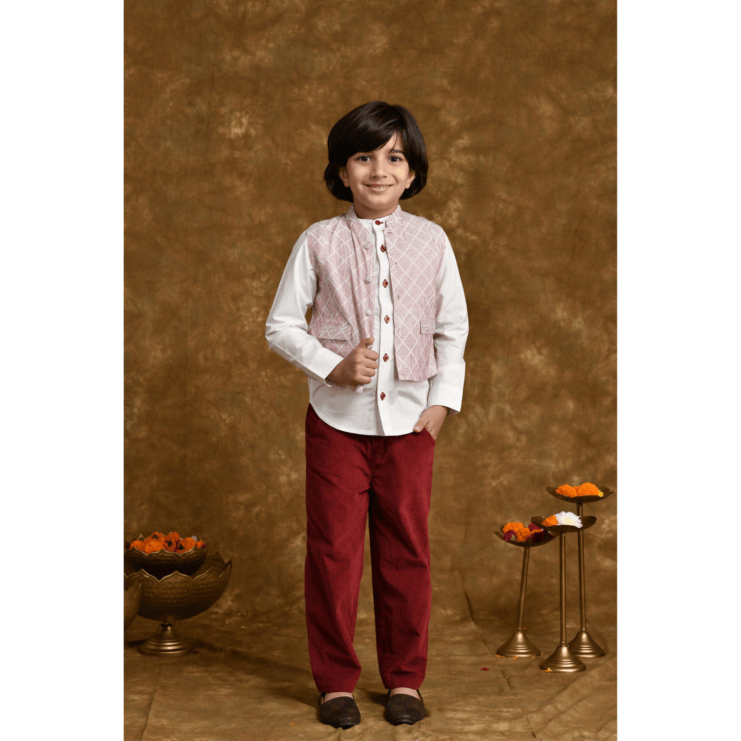 PocoMico Maroon Gala Shirt & Trouser Set With Jacket