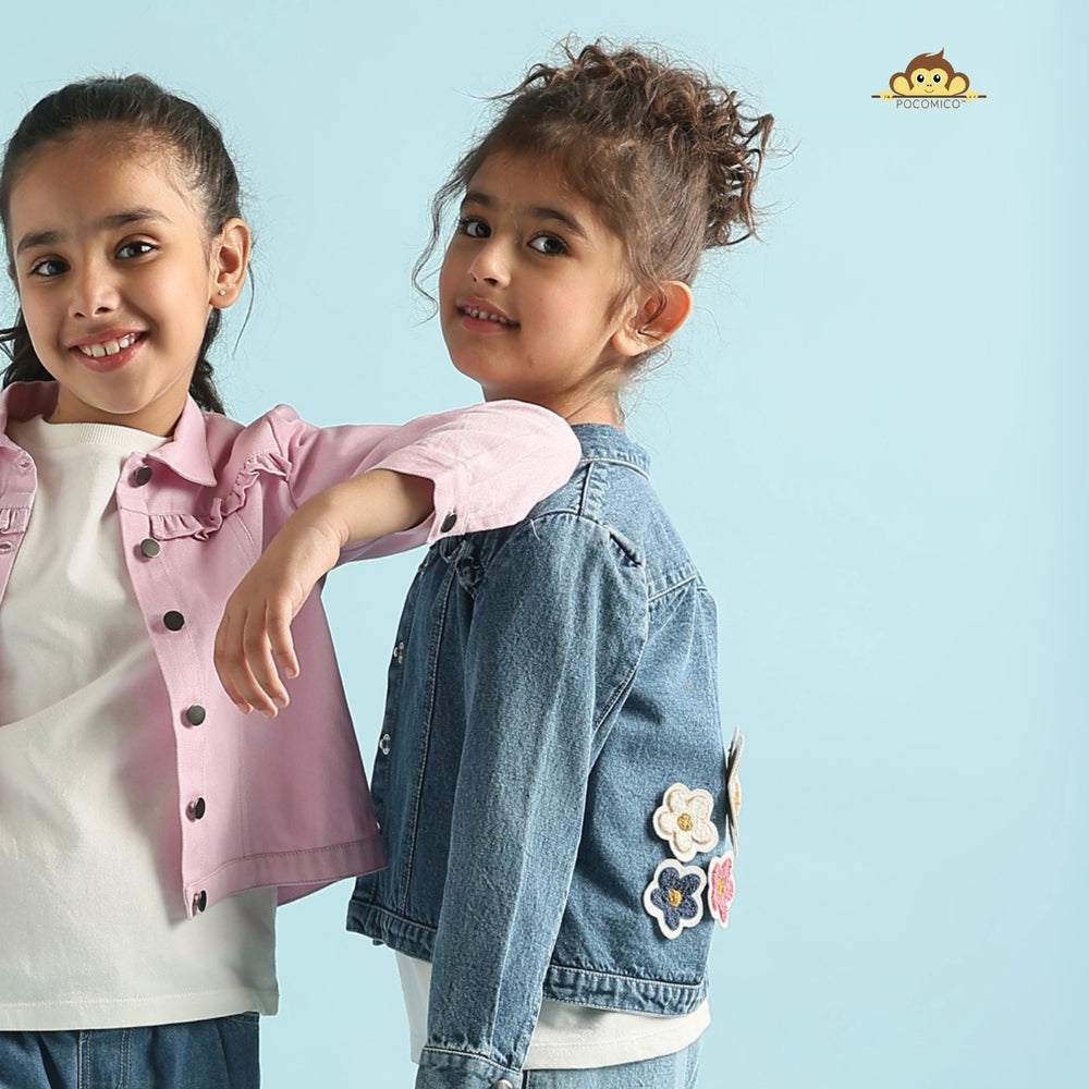 
                  
                    Starry denim jacket + Girls fashion staple + Celestial-inspired outerwear + Pocomico kids' jacket + Blue cotton denim + Versatile layering piece + Star-studded girls' coat + Comfortable everyday jacket + Stylish children's outerwear + Trendy kids' fashion
                  
                
