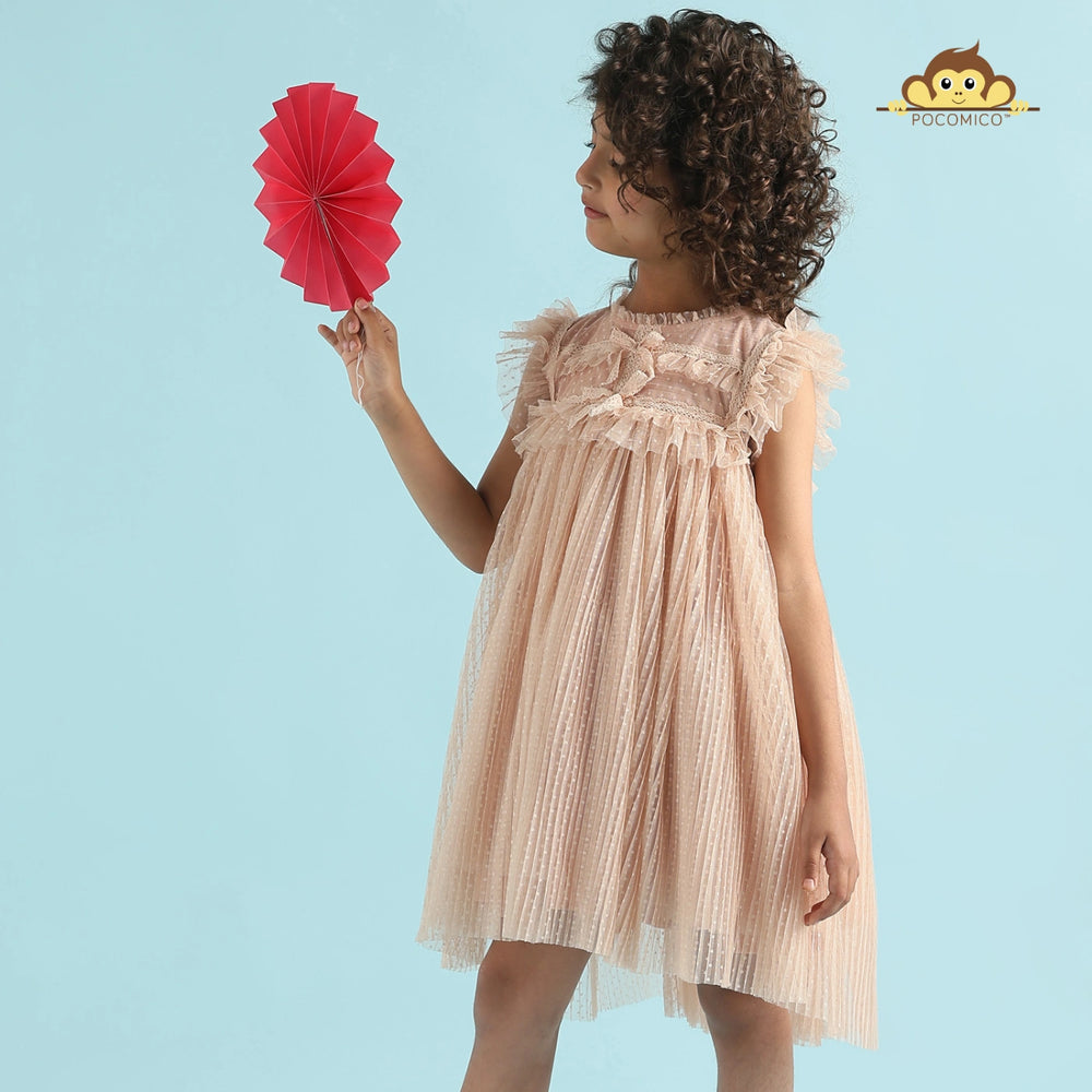 
                  
                    Blush Mesh Dress by POCOMICO + delicate mesh + BCI cotton cambric lining + peach-hued dress + frill yoke details + girls party dress + perfect for birthdays + tea parties + magical garden adventures + comfortable and stylish
                  
                