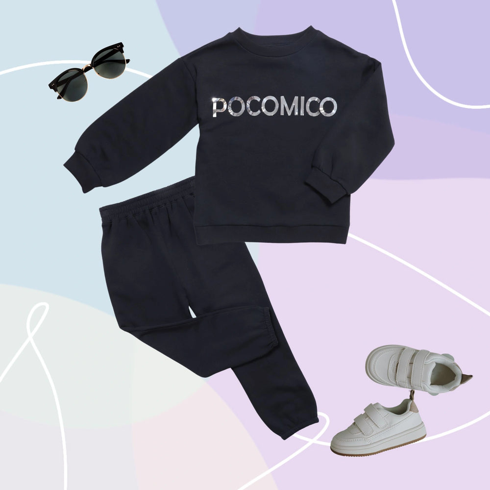 Black-sweatshirt-and-jogger-set-with-silver-POCOMICO-foil-print, made-from-soft-fleece-for-warmth-and-street-style.