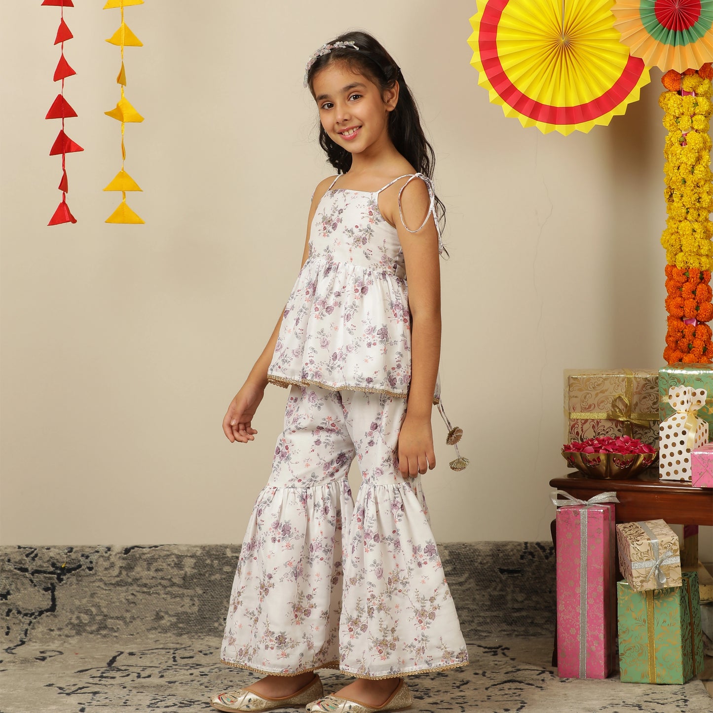 Floral sharara set for girls, printed lavender flower pattern, airy, comfy and east to wear. pocomico kids wear