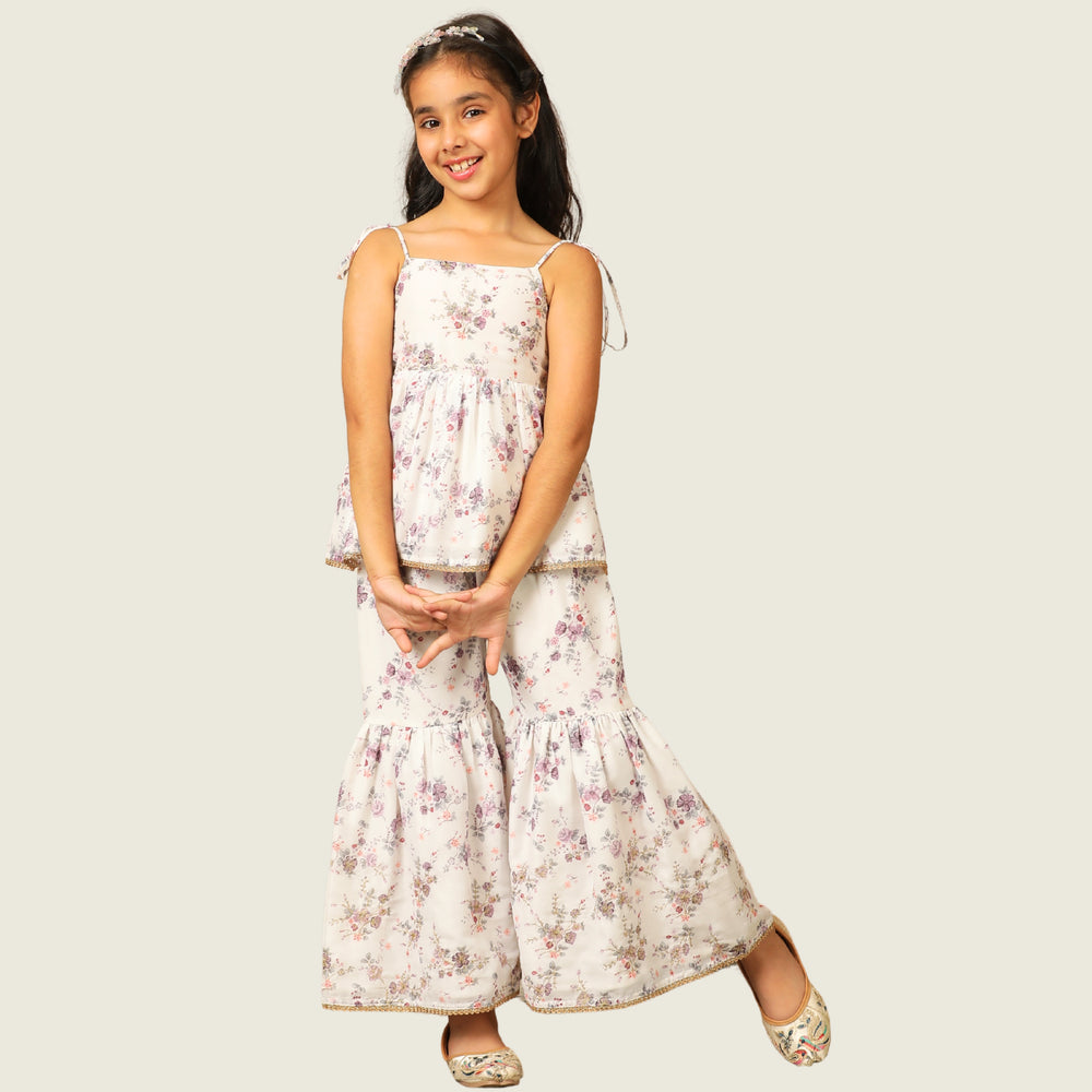
                  
                    Floral sharara set for girls, printed lavender flower pattern, airy, comfy and east to wear. pocomico kids wear
                  
                