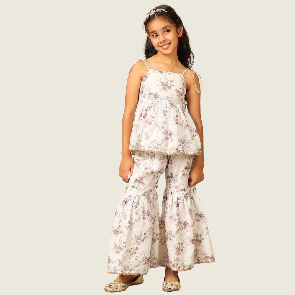 
                  
                    Floral sharara set for girls, printed lavender flower pattern, airy, comfy and east to wear. pocomico kids wear
                  
                