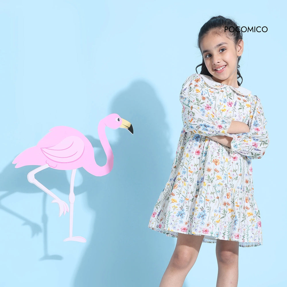 colorful dress + flower dress + Peter Pan collar dress + full sleeves flower dress + flowerful girl dress + dress for cute girl + colorful+Secret+Garden+dress+for+girls+chasing+butterflies+Pocomico+floral+print+dress+with+Peter+Pan+collar+comfortable+chanderi+fabric+dress+for+cute+girls+full+sleeves+flowerful+dress