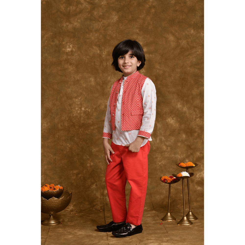 
                      
                        Crimson Carnival Cotton Kurta & Trouser Set With Jacket
                      
                    