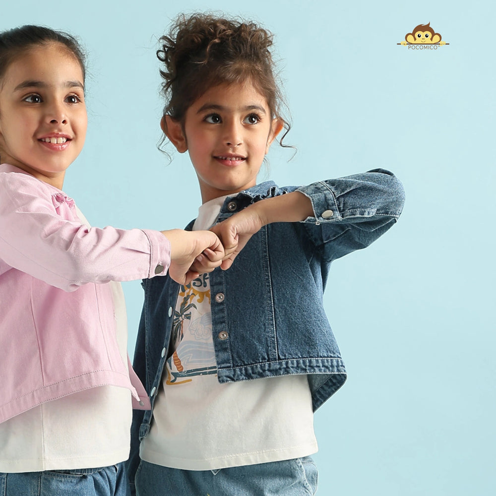 
                  
                    Starry denim jacket + Girls fashion staple + Celestial-inspired outerwear + Pocomico kids' jacket + Blue cotton denim + Versatile layering piece + Star-studded girls' coat + Comfortable everyday jacket + Stylish children's outerwear + Trendy kids' fashion
                  
                
