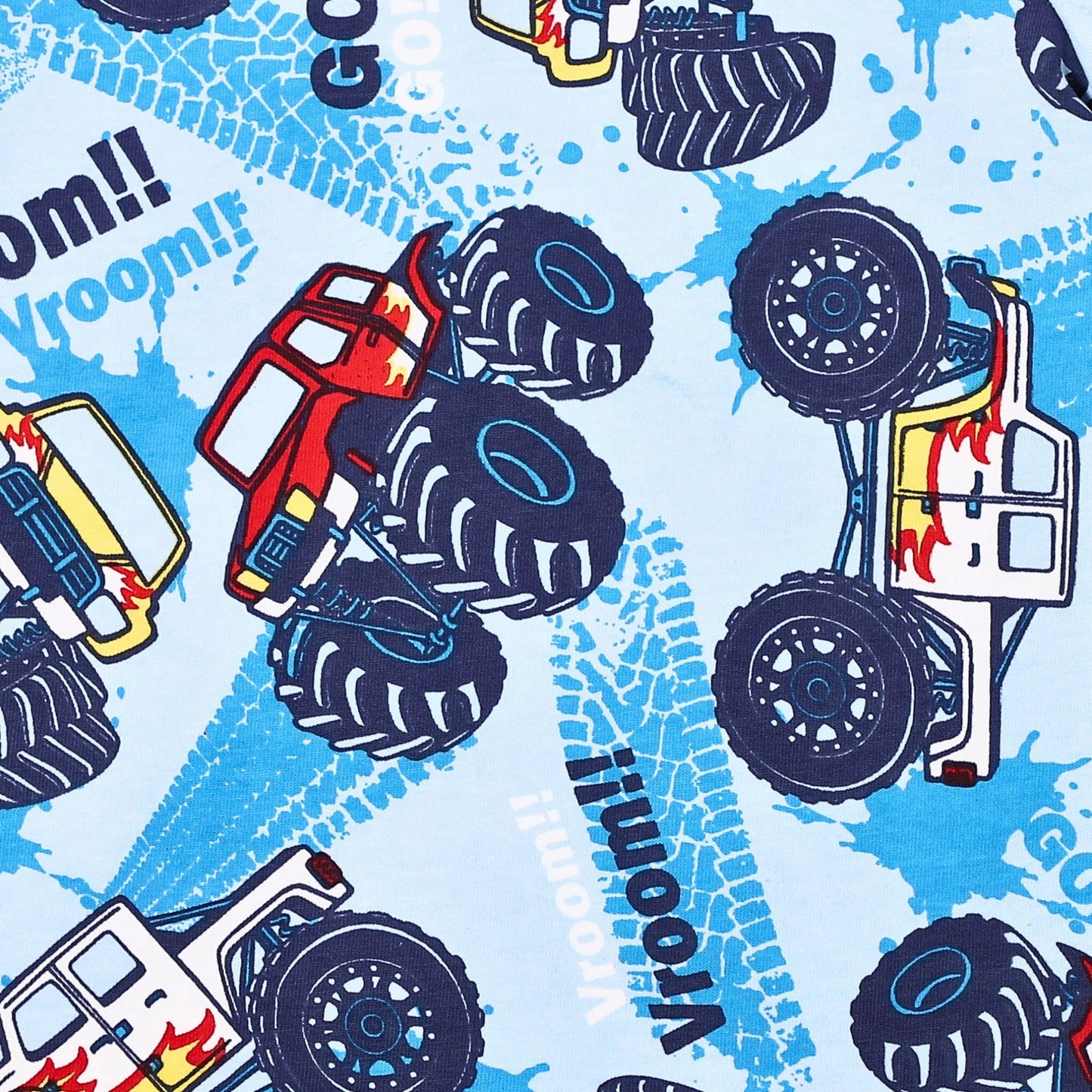 Boys raglan HALF sleeve t-shirt featuring a monster truck print, round neck, and back keyhole button, made from soft, eco-friendly cotton.