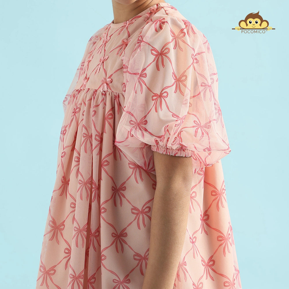 
                  
                    Elegant + pink + Starlit + Blush  Dress + with delicate details + perfect + special occasions + bow + sequins + pink + balloon sleeves + mesh + cambric + cotton + lining + party + formal + fun + kids + girl + birthday + POCOMICO
                  
                