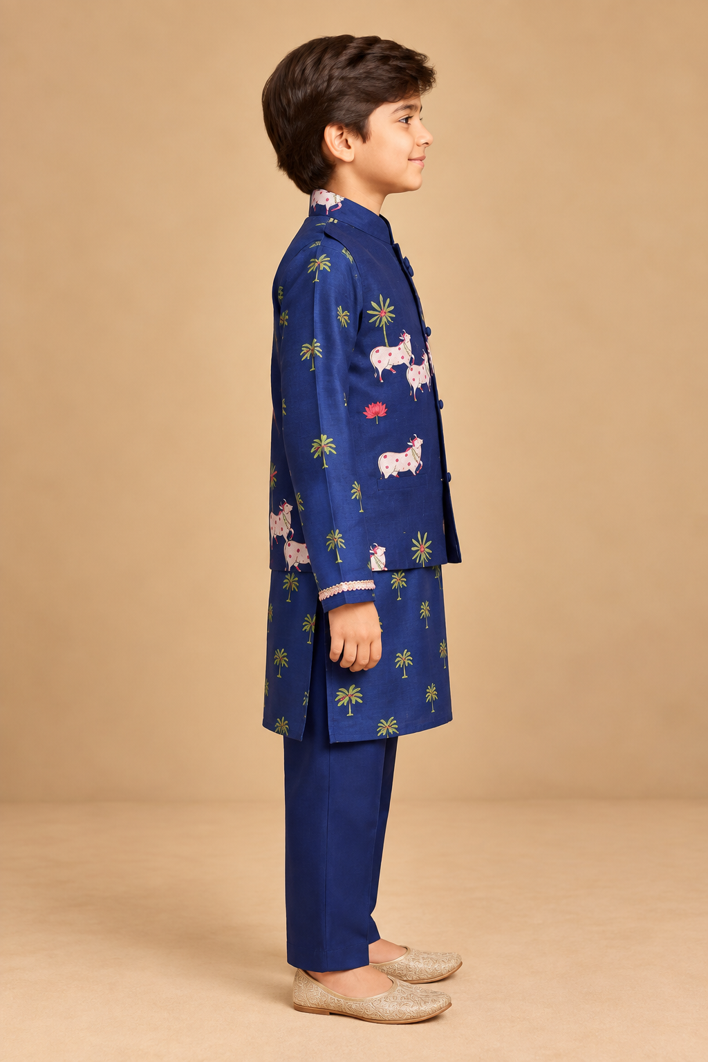 The Neel Gopala Chanderi Jacket Kurta Set pairs the delicate sheen of Chanderi with playful folk-inspired details. The solid blue kurta keeps the look classic and understated, while the coordinating jacket brings it to life with charming cow and palm-tree motifs scattered across the rich blue base.