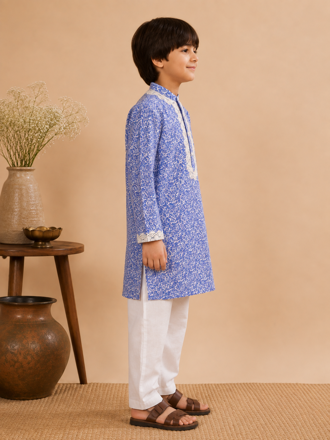 The Summer Lace Kurta Set is crafted from 100% BCI-certified cotton, offering breathability and all-day comfort.