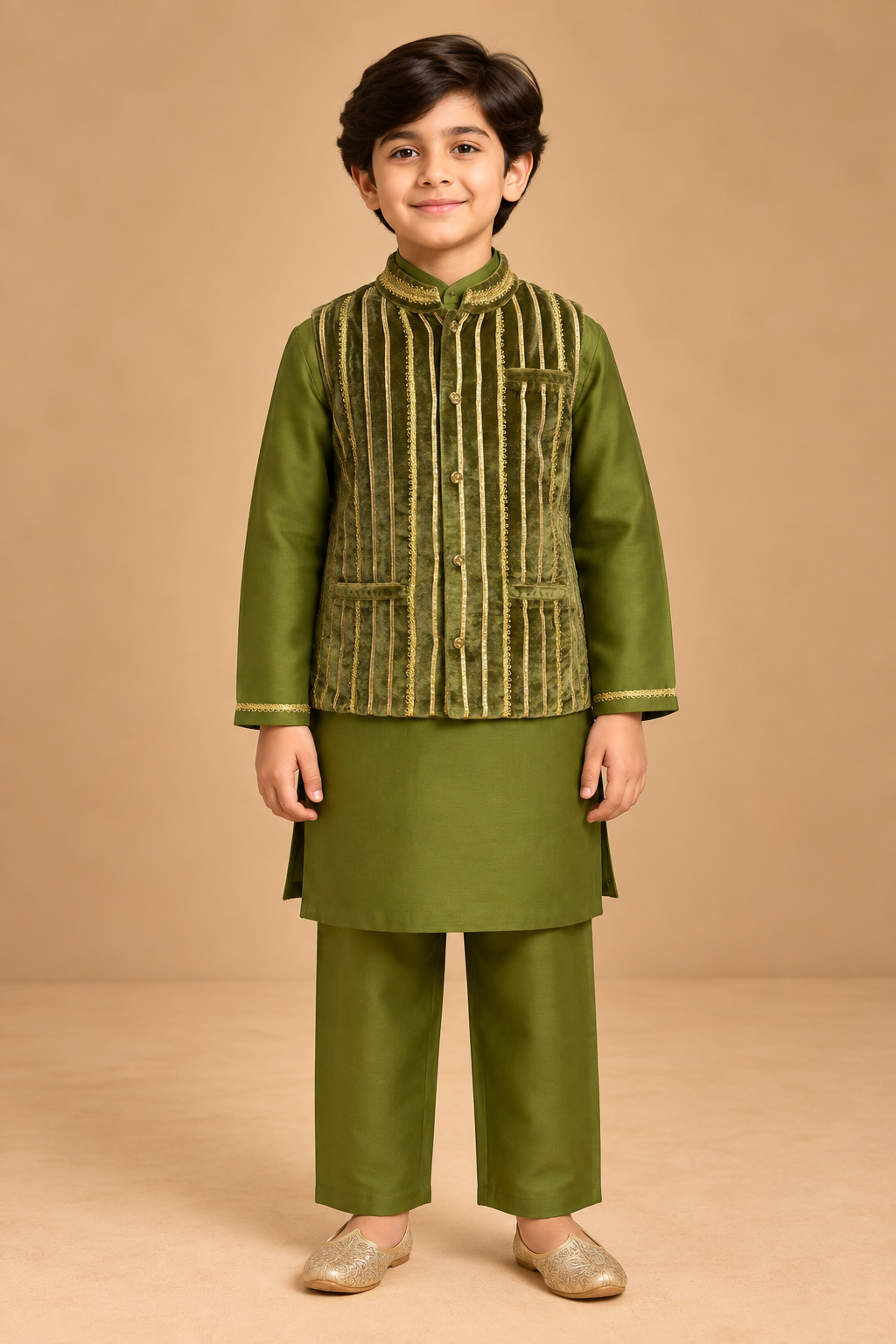 The Zaitoon Velvet Jacket Kurta Set pairs a rich olive-green Chanderi kurta with a statement velvet jacket for a look that feels both regal and refined. The jacket features intricate vertical gota and lace detailing, creating a beautifully textured striped effect, while the structured band collar, covered buttons, and welt pockets add a polished traditional touch.