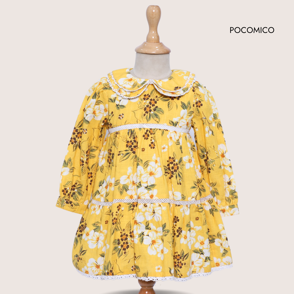 yellow floral girls dress, cotton peter pan collar dress, PocoMico kidswear, marigold print kids dress, girls party frock, breathable cotton girls outfit, long sleeve floral dress, vintage style dress for kids, girls picnic dress, tiered floral cotton dress