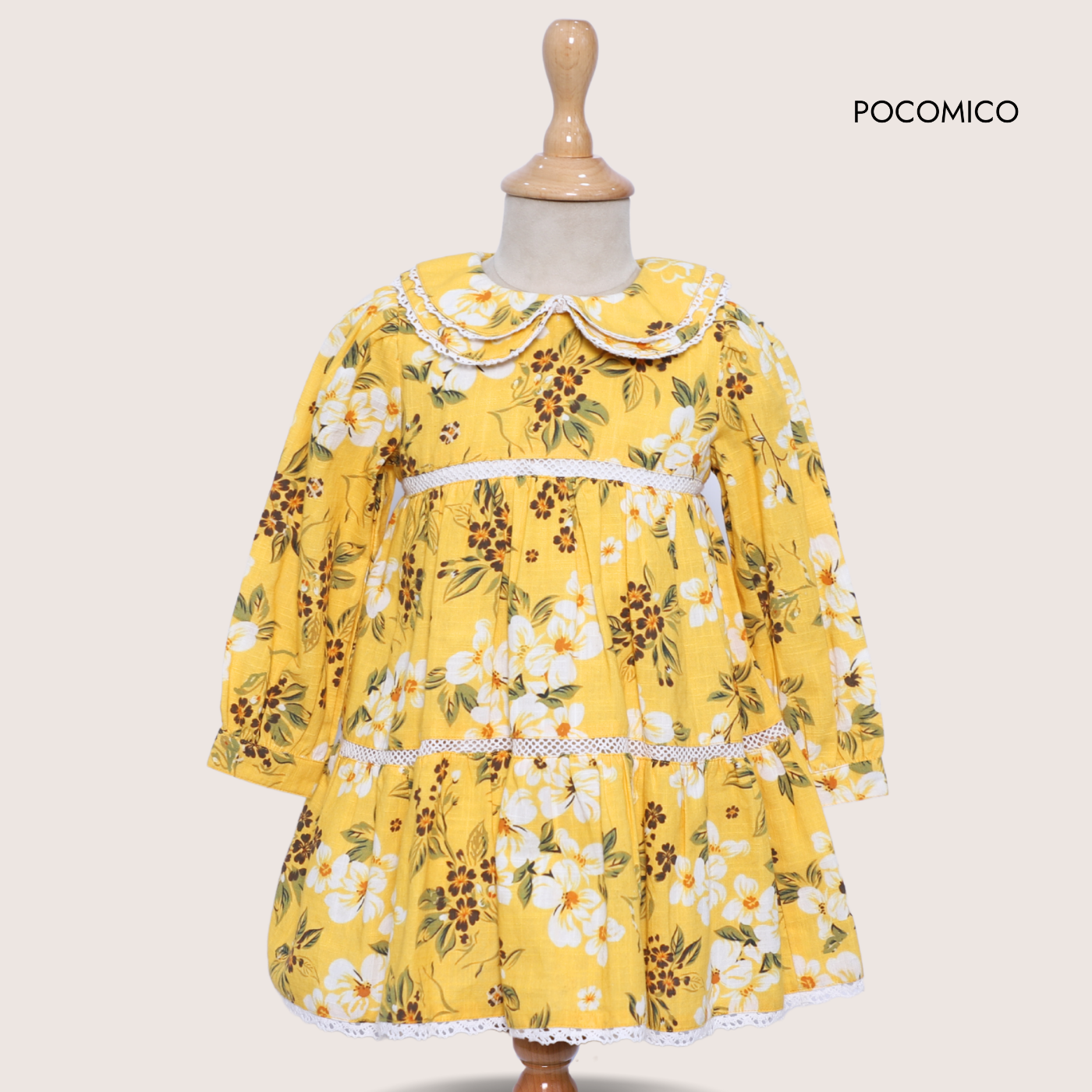 yellow floral girls dress, cotton peter pan collar dress, PocoMico kidswear, marigold print kids dress, girls party frock, breathable cotton girls outfit, long sleeve floral dress, vintage style dress for kids, girls picnic dress, tiered floral cotton dress