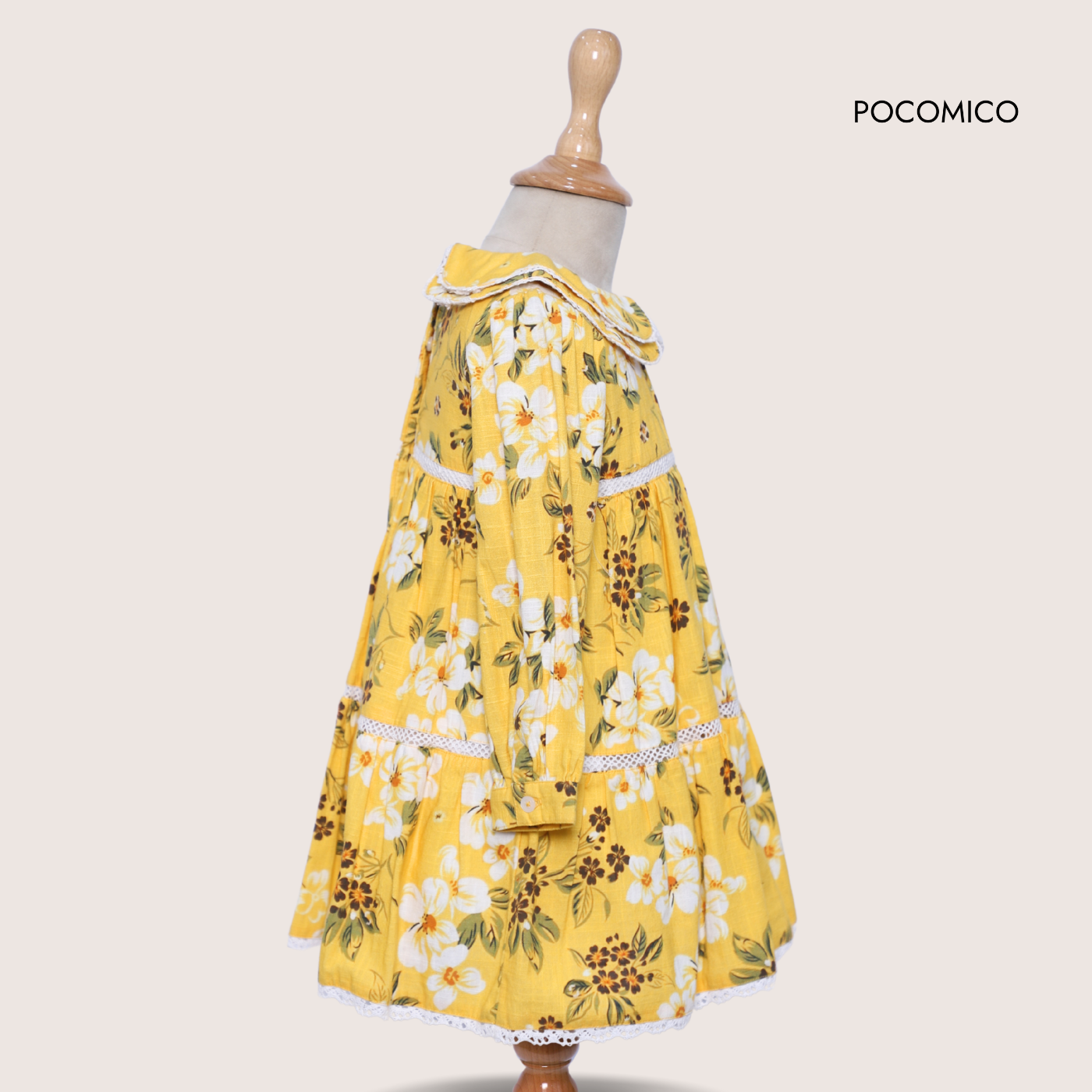 yellow floral girls dress, cotton peter pan collar dress, PocoMico kidswear, marigold print kids dress, girls party frock, breathable cotton girls outfit, long sleeve floral dress, vintage style dress for kids, girls picnic dress, tiered floral cotton dress