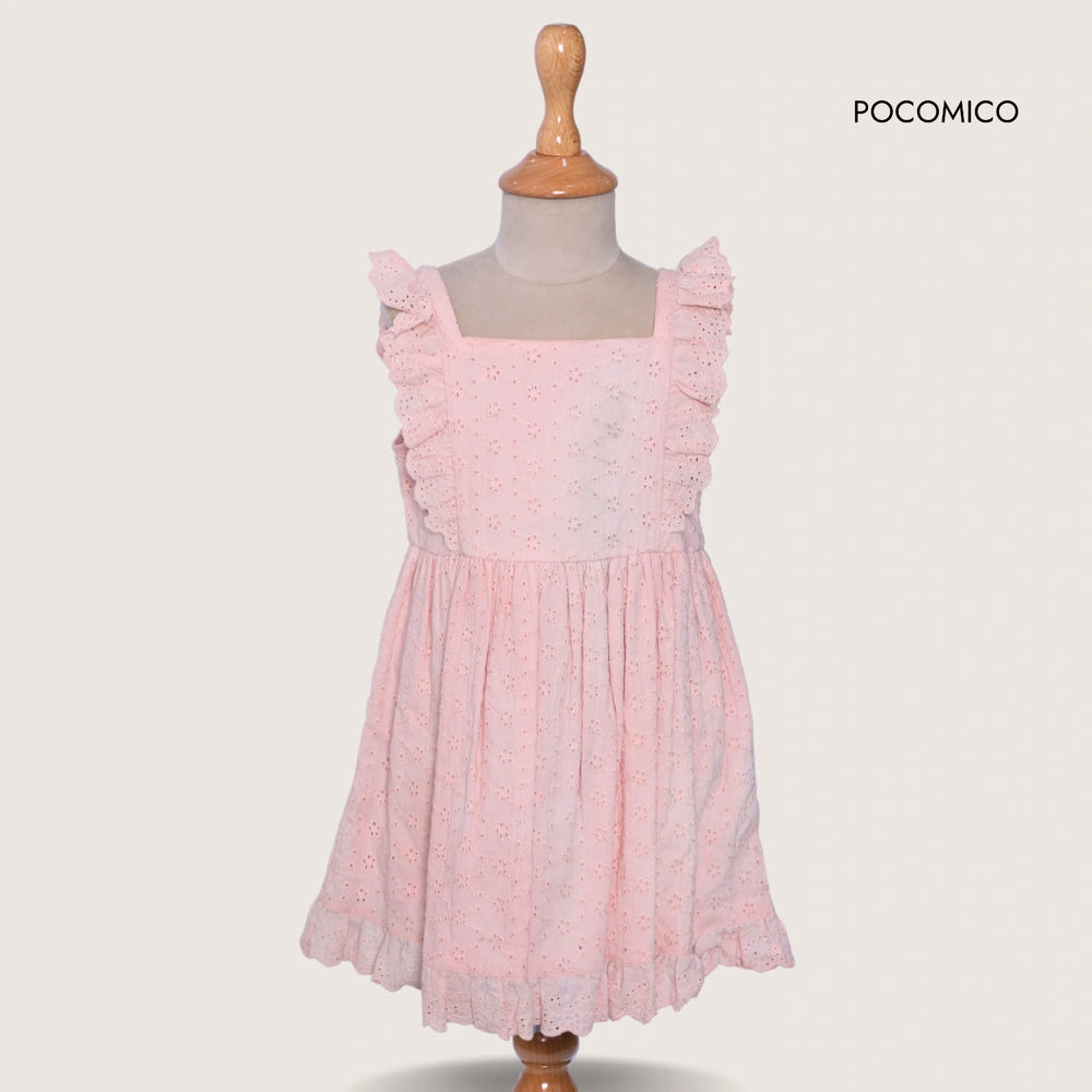 POCOMICO Peach Schiffily Embroidery Dress, a sleeveless, square-neckline dress made of 100% BCI cotton