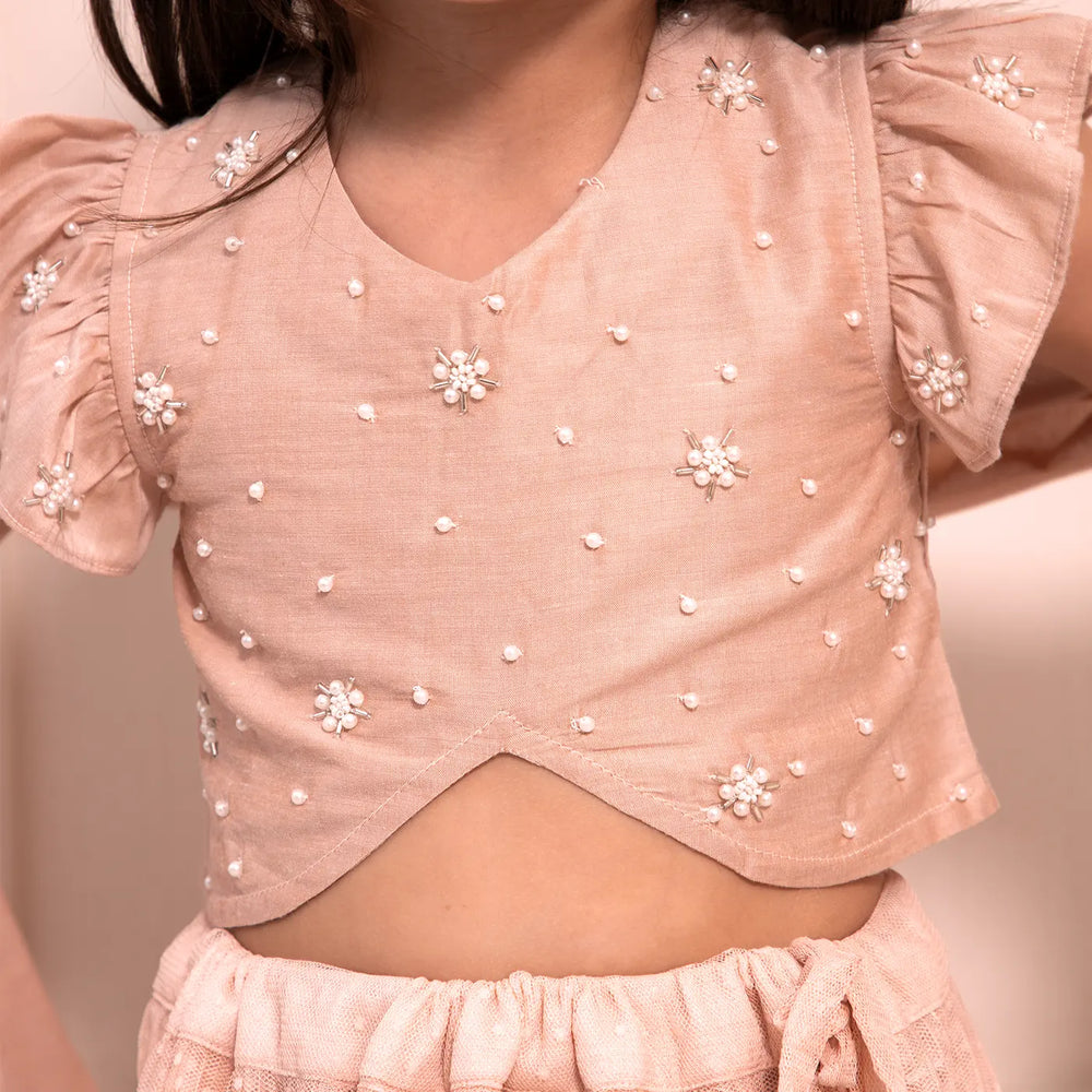 
                      
                        PocoMico’s Chanderi Choli with Hand Embroidery and Poly Dot Mesh Pleated Skirt 
                      
                    