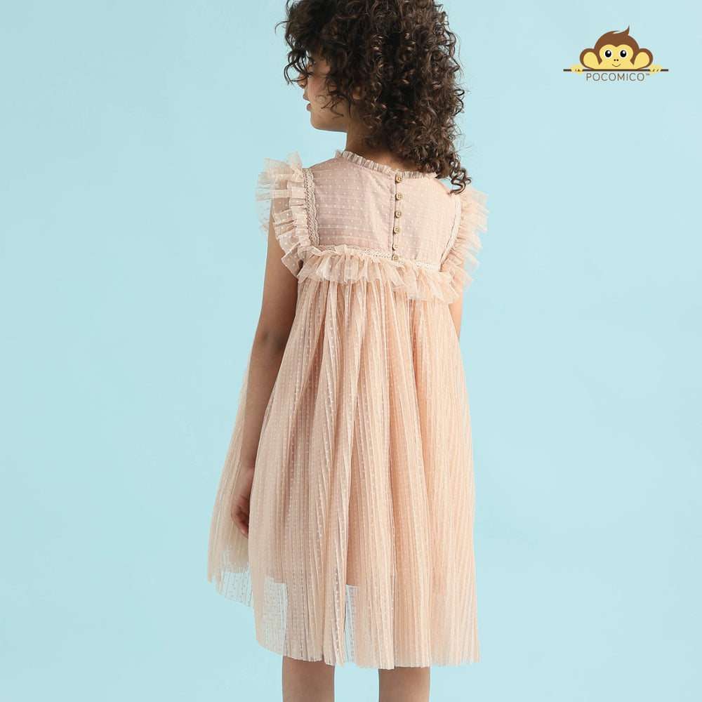 
                  
                    Blush Mesh Dress by POCOMICO + delicate mesh + BCI cotton cambric lining + peach-hued dress + frill yoke details + girls party dress + perfect for birthdays + tea parties + magical garden adventures + comfortable and stylish
                  
                
