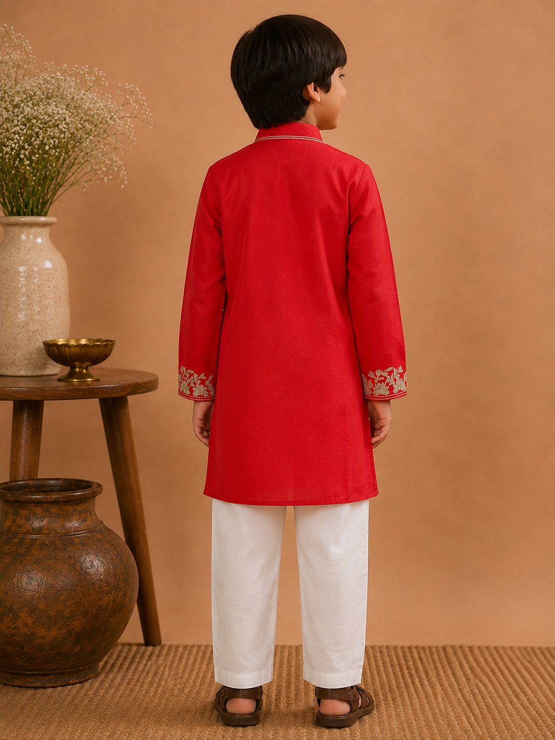 The Dilbaug Kurta Set pairs a vibrant red kurta with intricate floral embroidery, creating a look that feels traditional yet effortlessly contemporary