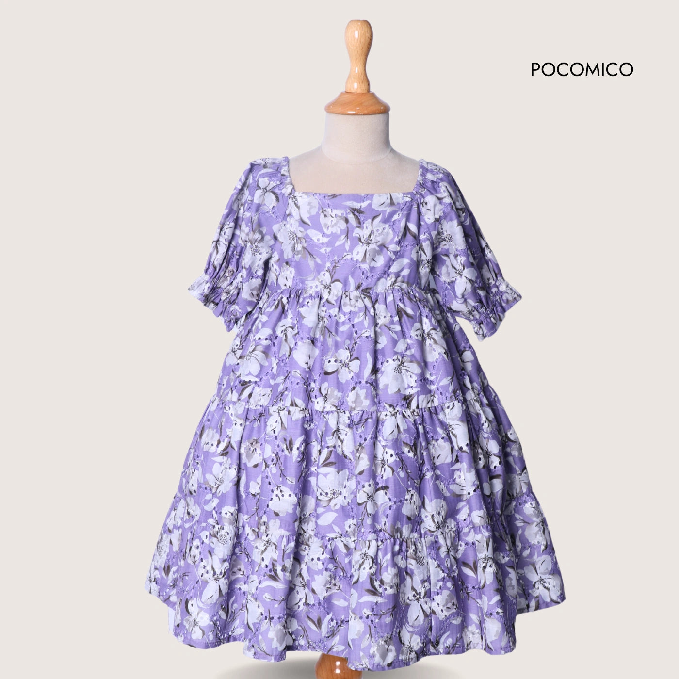 lilac + floral + printed + dress + schiffi + cut work + lace + a line + tier + ruffle + summer + fun + casual + play + date + event + girl + kids + comfy + cotton + cambric + POCOMICO