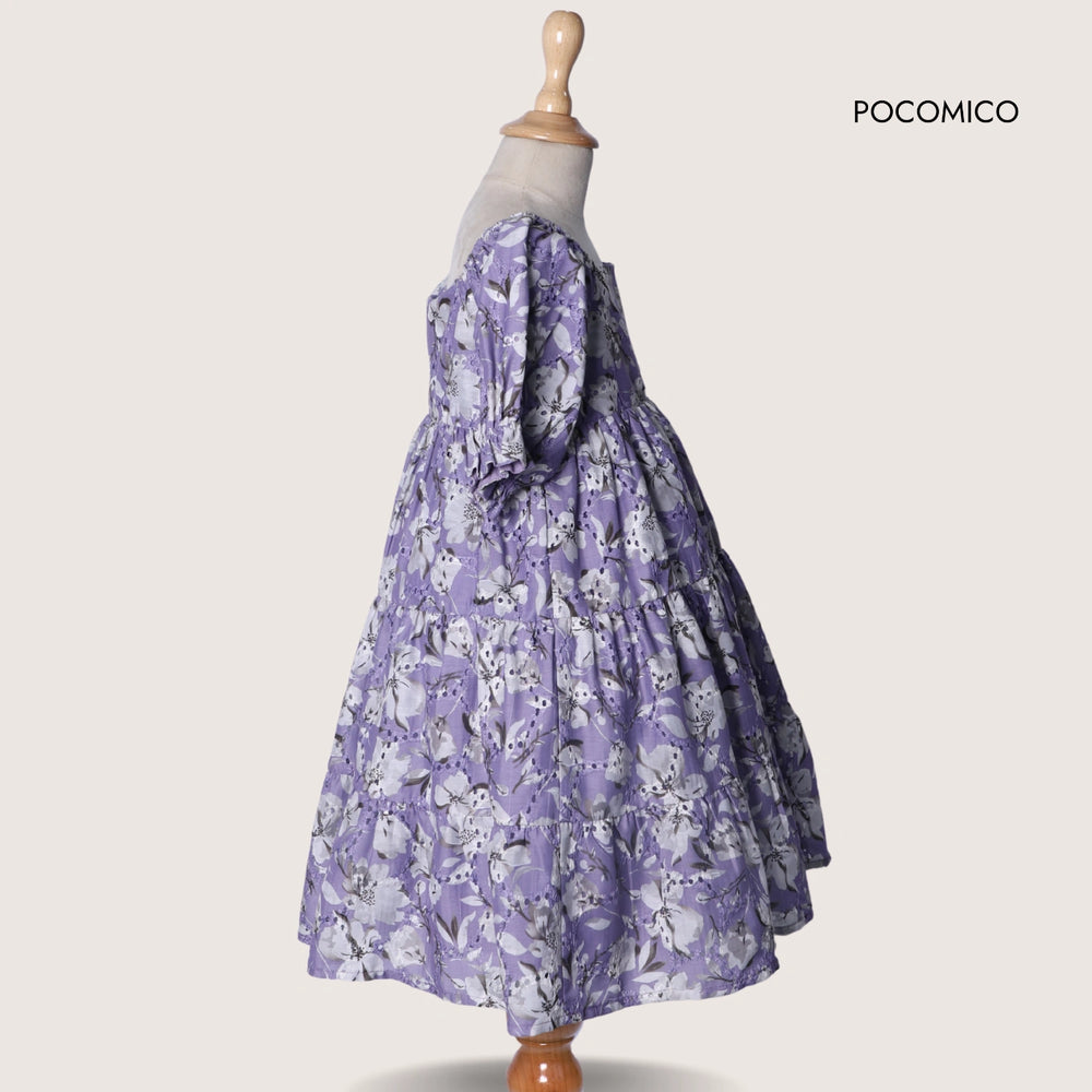 lilac + floral + printed + dress + schiffi + cut work + lace + a line + tier + ruffle + summer + fun + casual + play + date + event + girl + kids + comfy + cotton + cambric + POCOMICO