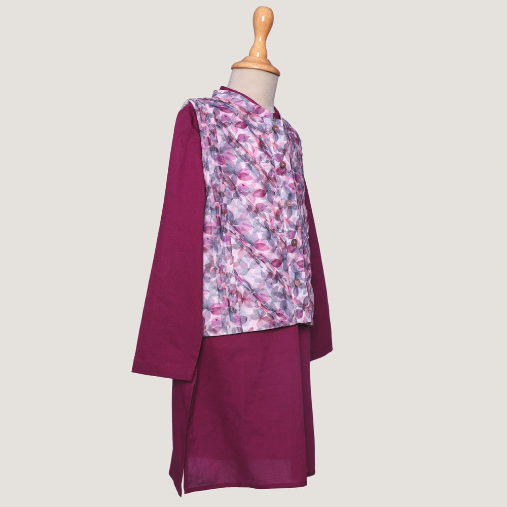 
                  
                    A statement piece for your little boys, this deep plum chanderi kurta set brings a royal charm to festive dressing. The kurta is tailored in lustrous chanderi fabric, featuring a straight silhouette with refined detailing that adds a sophisticated touch.
                  
                