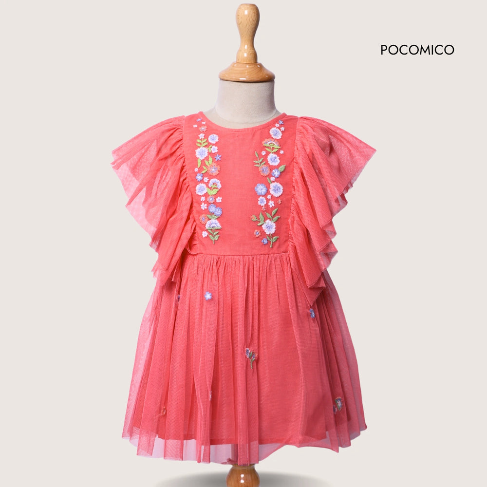 orange+peach+dress+party+birthday+floral+mesh+frill+flowy+girls+POCOMICO