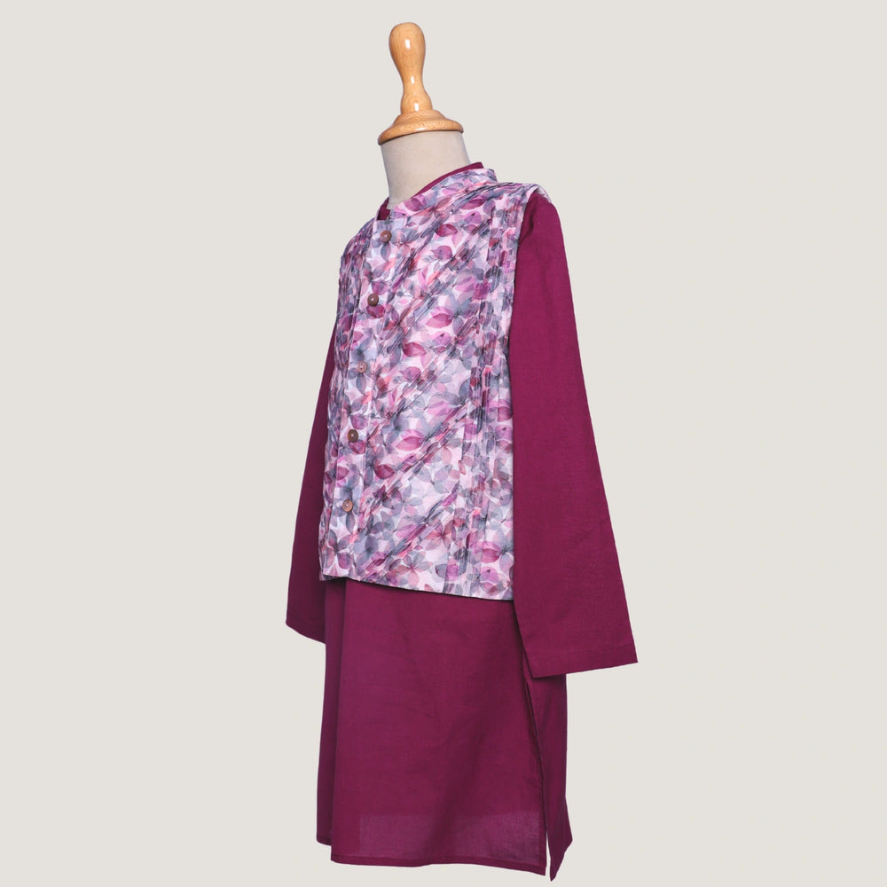 
                  
                    A statement piece for your little boys, this deep plum chanderi kurta set brings a royal charm to festive dressing. The kurta is tailored in lustrous chanderi fabric, featuring a straight silhouette with refined detailing that adds a sophisticated touch.
                  
                