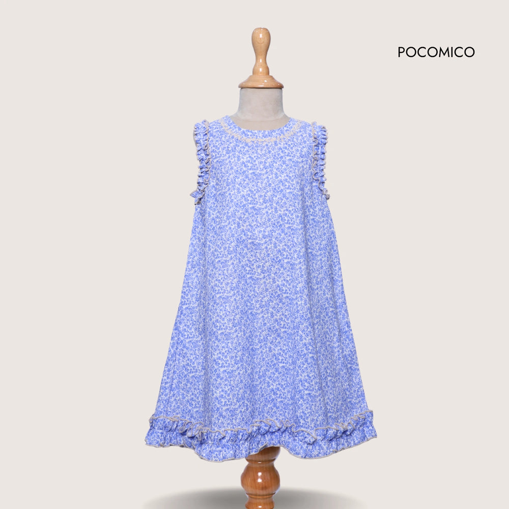 blue +  dress + sleeveless + girl + cotton + pocomico + floral + english + beige + frill + ruffle + party + picnic + simple + casual + fun + kids + soft