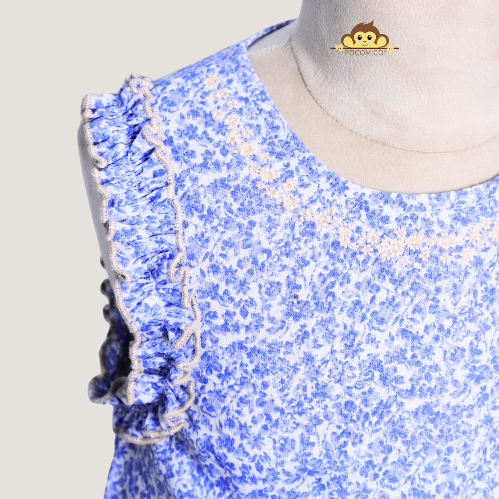 
                  
                    blue +  dress + sleeveless + girl + cotton + pocomico + floral + english + beige + frill + ruffle + party + picnic + simple + casual + fun + kids + soft
                  
                