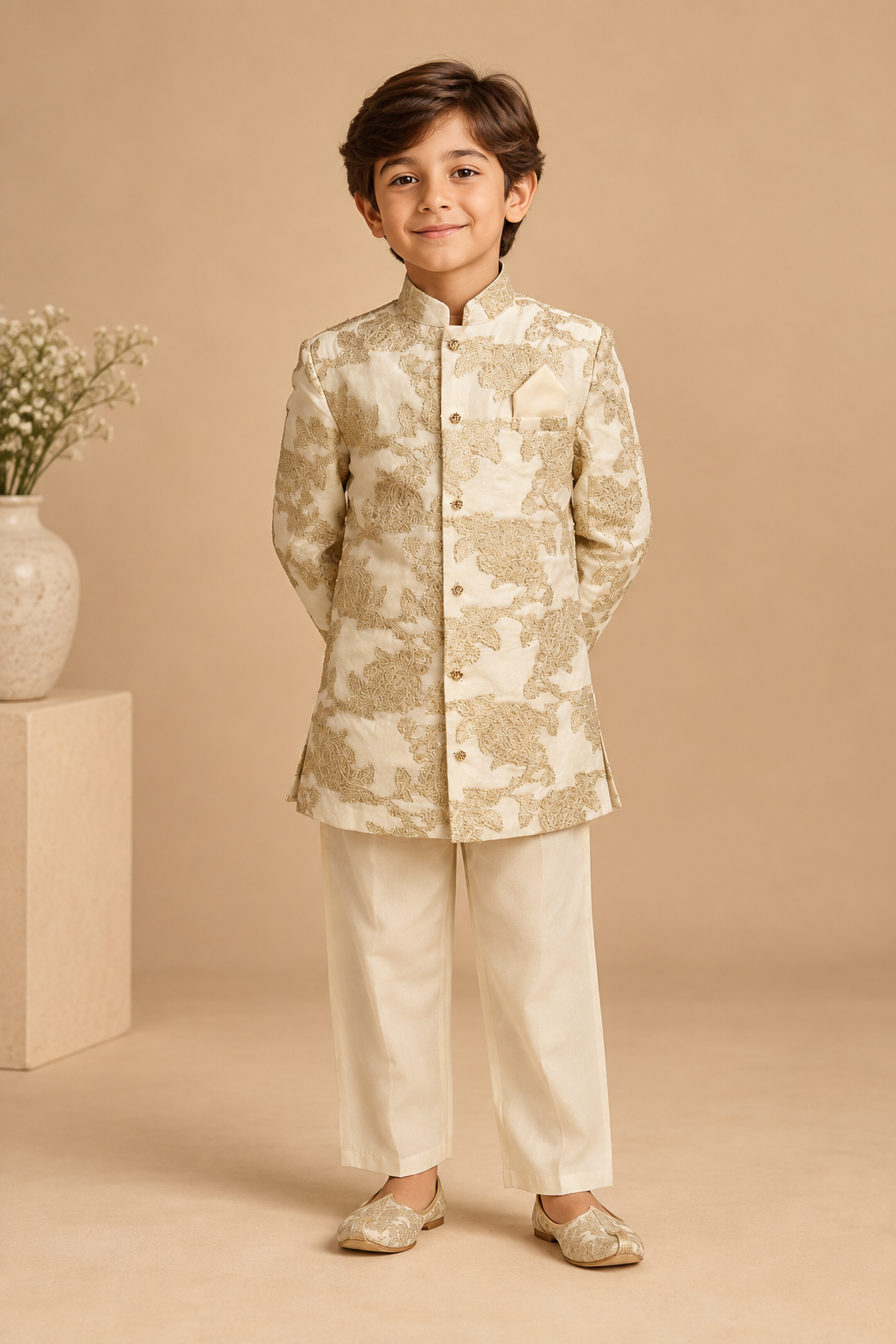 The Gulnaar Brocade Jacket Set is crafted in luxurious Chanderi, featuring an intricate all-over floral and paisley-inspired embroidery in a soft antique-gold tone.